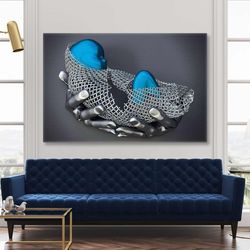 Hands Holding Metal Swaddle with Blue Detail Decorative Roll Up Canvas, Stretched Canvas Art, Framed Wall Art Painting