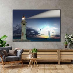 Lighthouse Landscape Ship Night Sailing Roll Up Canvas, Stretched Canvas Art, Framed Wall Art Painting