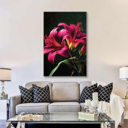 Lily Wall Art, Pink Flower Wall Decor, Nature Canvas Art, Roll Up Canvas, Stretched Canvas Art, Framed Wall Art Painting