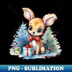 Tiny cute reindeer with presents and Christmas tree - Premium Sublimation Digital Download - Create with Confidence