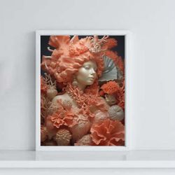 Printable Coral Girl / Coral Wall Art / Coral Mermaid / Flowering Coral / Instant Download / LeonardoAi