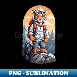 Young tiger trekking in the mountains cartoon comic art graphic for kids - Unique Sublimation PNG Download - Unlock Vibrant Sublimation Designs