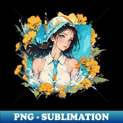 Blue tie cute girl yellow roses water - Exclusive PNG Sublimation Download - Perfect for Sublimation Art