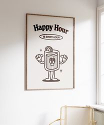 Retro Happy Hour Digital Print, Retro Kitchen Poster, Bar Cart Wall Decor, Groovy Cocktail Poster, Digital Download, Bla
