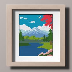 Cross stitch pattern Nature Fuji Japan Mountain River PDF Instant Download
