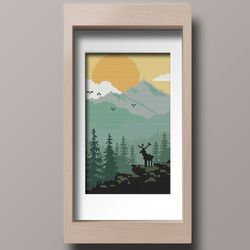 Cross stitch pattern Mountain Deer Forest Instant Download pdf Full Coverage