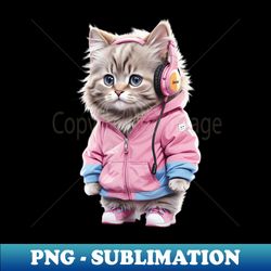 cute fluffy baby cat grey hair with a pink sweatshirt - decorative sublimation png file - defying the norms