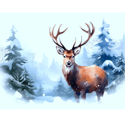 Deer Watercolor winter. Digital Printable Postcards. Instant download