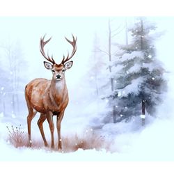 Deer Watercolor winter. Digital Printable Postcards. Instant download