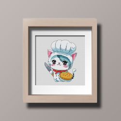 Cross stitch pattern Cute Cat Cook Knife Cake Pizza Kitchener Animal PDF Instant Download