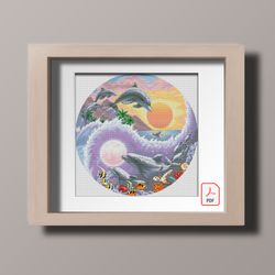 Cross stitch pattern Yin Yang Dolphins Sea Sunset Beach Circle PDF