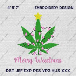 Retro Pink Weed Christmas Tree Embroidery Design, Christmas Marijuana Embroidery Design, Instant Download