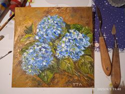 Art original oil painting.Three blue hydrangea flowers. Palette knife, impasto