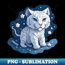 watercolor magical white tiger in starry night illustration sticker - vintage sublimation png download - perfect for creative projects