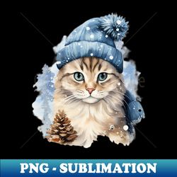 winter christmas cat  with a blue hat - trendy sublimation digital download - enhance your apparel with stunning detail
