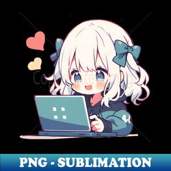 Kawaii Anime girl using laptop - Signature Sublimation PNG File - Perfect for Sublimation Art