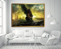 burning ship canvas print art, ship lost the war canvas wall decor, sailing ship canvas wall decor