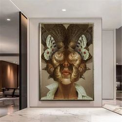 woman with butterfly head canvas wall art, surreal woman and butterfly canvas print art, faceless woman canvas print art