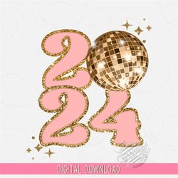 2024 PNG, Happy New Year Sublimation Design, Gold and Pink Disco Shirt Design, Retro Digital Download, New Year Quote Cl