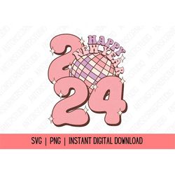 Happy New Year 2024 Disco Ball Retro SVG PNG Sublimation | Goodbye 2023 Hello 2024 | New Me | 300 DPI Transparent Backgr