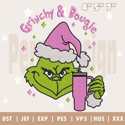Retro Pink Christmas Embroidery Machine Design, Christmas Greenchy And Bougi Embroidery Design, Christmas Green Monster