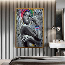 african woman canvas wall art, colorful wristbands canvas print art, colorful head scarf ready to hang canvas wall art