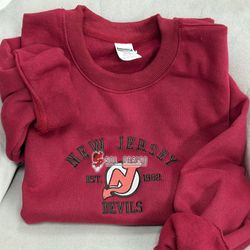 New Jersey Devils Embroidered Sweatshirt, NHL Embroidered Sweater, Embroidered NHL Shirt, Hockey Embroidered Hoodie