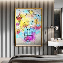light bulb canvas wall art, graffiti light bulb canvas print art, colorful light bulb canvas wall art, yellow light bulb