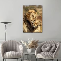 lions hugging with love canvas print art, lion love, lion hugging each other canvas wall decor, framed canvas ready to h