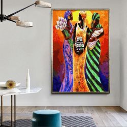 African woman canvas, colorful detailed black woman painting, abstract ethnic woman wall art, african home decor