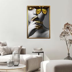 beautiful face woman canvas print art, gold butterfly canvas wall decor, woman with gold finger canvas print art ready t
