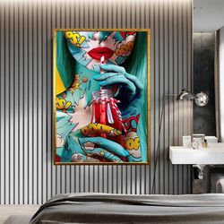 blue woman canvas wall art, woman drinking beverage canvas print art, woman with red lipstick asmya ready canvas wall ar