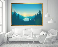forest landscape canvas print art, deer and trees canvas wall decor, sunset and lake scenery canvas print art ready to h