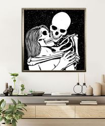 Hugging couple skull canvas wall art,Skull Love Wall Art,Skeleton Couple Art Canvas Print,Surreal Love canvas print,Mode