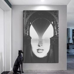 woman with bridge on her head canvas wall art, surreal woman portrait canvas wall art, ready-to-hang canvas wall art