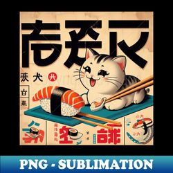 Japanese Vintage Poster 1950s Retro Sushi Cat - High-Quality PNG Sublimation Download - Spice Up Your Sublimation Projects