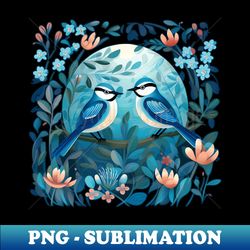 Blue Jays in a Floral Moonlight Scene - Unique Sublimation PNG Download - Perfect for Sublimation Mastery
