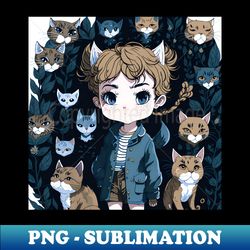 boy with cats aesthetic illustration sticker - exclusive sublimation digital file - bring your designs to life