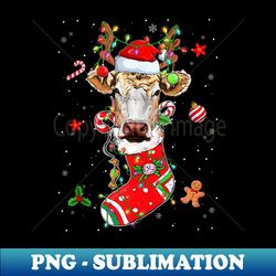 Funny Cow In Sock With Santa Claus Hat Reindeer Horns Xmas - Elegant Sublimation PNG Download - Unleash Your Creativity