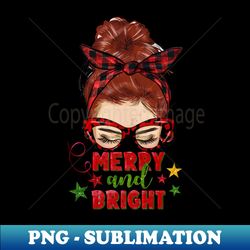 Redhead Messy Bun Merry And Bright Christmas Holiday Pajamas - PNG Transparent Sublimation Design - Perfect for Sublimation Mastery