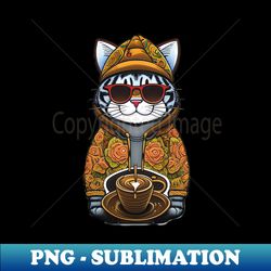 Cute Cat in Sunglasses and Hat with Coffee Funny Coffee Lover Design - Instant PNG Sublimation Download - Instantly Transform Your Sublimation Projects
