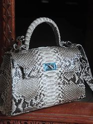 Top handle grey classy IDA genuine python skin bag | exotic leather bags | Elegant everyday women purse |