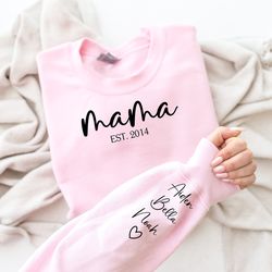 custom mama sweatshirt with date and children name on sleeve, mama sweatshirt