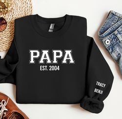 custom papa sweatshirt with date and children name on sleeve, papa sweatshirt