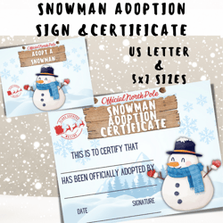 Snowman Adoption Certificate & Sign, Adopt a Snowman, Christmas Holiday Activity Kids, Snowman Party Favor, North Pole