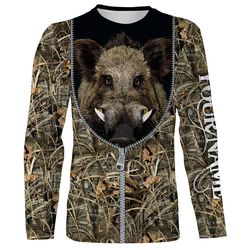 Hunting Wild Boar Hunting Zipper Camouflage Black Shirts Customized Name All Over Print Shirts, Hunting Shirt Ideas For