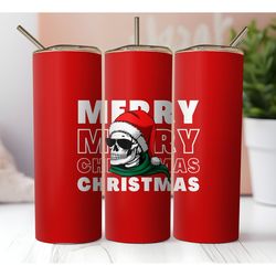 20 oz Skinny Merry Christmas Tumbler Red Sublimation Design, Straight Wrap, Happy Christmas Skull with Eyeglasses