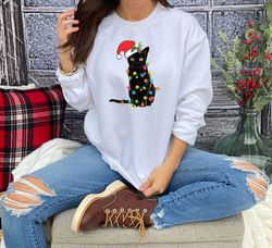 Black Cat Christmas Tree Lights Sweatshirt, Merry Christmas Sweatshirt, Family Holiday Sweatshirt, Xmas Party Shirt, Win