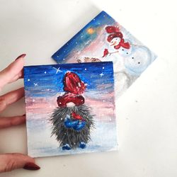 Christmas gnome on canvas. Snowman print Set of 2 Cardinal bird