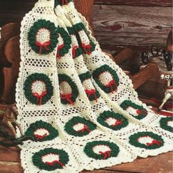 Vintage CHRISTMAS Holiday Wreath Crochet Afghan Poinsettia Pattern PDF